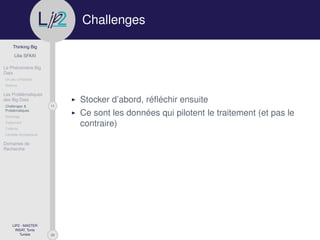 29
Thinking Big
Lilia SFAXI
Le Phénomène Big
Data
Un peu d’Histoire
Notions
Les Problématiques
des Big Data
11Challenges &
Problématiques
Stockage
Traitement
Collecte
Lambda Architecture
Domaines de
Recherche
LIP2 - MASTER
INSAT, Tunis
Tunisie
l
.p Challenges
Stocker d’abord, réﬂéchir ensuite
Ce sont les données qui pilotent le traitement (et pas le
contraire)
 