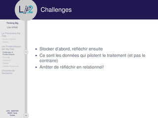 29
Thinking Big
Lilia SFAXI
Le Phénomène Big
Data
Un peu d’Histoire
Notions
Les Problématiques
des Big Data
11Challenges &
Problématiques
Stockage
Traitement
Collecte
Lambda Architecture
Domaines de
Recherche
LIP2 - MASTER
INSAT, Tunis
Tunisie
l
.p Challenges
Stocker d’abord, réﬂéchir ensuite
Ce sont les données qui pilotent le traitement (et pas le
contraire)
Arrêter de réﬂéchir en relationnel!
 
