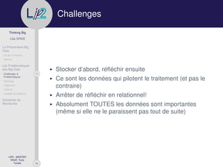 29
Thinking Big
Lilia SFAXI
Le Phénomène Big
Data
Un peu d’Histoire
Notions
Les Problématiques
des Big Data
11Challenges &
Problématiques
Stockage
Traitement
Collecte
Lambda Architecture
Domaines de
Recherche
LIP2 - MASTER
INSAT, Tunis
Tunisie
l
.p Challenges
Stocker d’abord, réﬂéchir ensuite
Ce sont les données qui pilotent le traitement (et pas le
contraire)
Arrêter de réﬂéchir en relationnel!
Absolument TOUTES les données sont importantes
(même si elle ne le paraissent pas tout de suite)
 