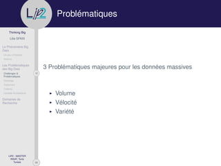 29
Thinking Big
Lilia SFAXI
Le Phénomène Big
Data
Un peu d’Histoire
Notions
Les Problématiques
des Big Data
12Challenges &
Problématiques
Stockage
Traitement
Collecte
Lambda Architecture
Domaines de
Recherche
LIP2 - MASTER
INSAT, Tunis
Tunisie
l
.p Problématiques
3 Problématiques majeures pour les données massives
Volume
Vélocité
Variété
 