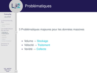 29
Thinking Big
Lilia SFAXI
Le Phénomène Big
Data
Un peu d’Histoire
Notions
Les Problématiques
des Big Data
12Challenges &
Problématiques
Stockage
Traitement
Collecte
Lambda Architecture
Domaines de
Recherche
LIP2 - MASTER
INSAT, Tunis
Tunisie
l
.p Problématiques
3 Problématiques majeures pour les données massives
Volume → Stockage
Vélocité → Traitement
Variété → Collecte
 