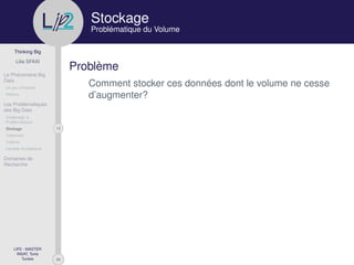 29
Thinking Big
Lilia SFAXI
Le Phénomène Big
Data
Un peu d’Histoire
Notions
Les Problématiques
des Big Data
Challenges &
Problématiques
13Stockage
Traitement
Collecte
Lambda Architecture
Domaines de
Recherche
LIP2 - MASTER
INSAT, Tunis
Tunisie
l
.p Stockage
Problématique du Volume
Problème
Comment stocker ces données dont le volume ne cesse
d’augmenter?
 