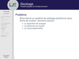 29
Thinking Big
Lilia SFAXI
Le Phénomène Big
Data
Un peu d’Histoire
Notions
Les Problématiques
des Big Data
Challenges &
Problématiques
14Stockage
Traitement
Collecte
Lambda Architecture
Domaines de
Recherche
LIP2 - MASTER
INSAT, Tunis
Tunisie
l
.p Stockage
Problématiques du Partitionnement
Problème
Étant donné un système de stockage partitionné (sous
forme de cluster), comment assurer:
La répartition de charges
La tolérance aux fautes
La haute disponibilité
 