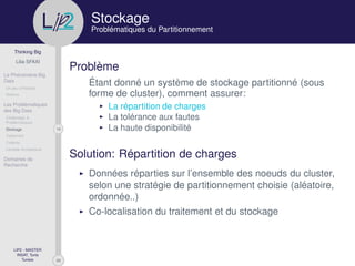 29
Thinking Big
Lilia SFAXI
Le Phénomène Big
Data
Un peu d’Histoire
Notions
Les Problématiques
des Big Data
Challenges &
Problématiques
14Stockage
Traitement
Collecte
Lambda Architecture
Domaines de
Recherche
LIP2 - MASTER
INSAT, Tunis
Tunisie
l
.p Stockage
Problématiques du Partitionnement
Problème
Étant donné un système de stockage partitionné (sous
forme de cluster), comment assurer:
La répartition de charges
La tolérance aux fautes
La haute disponibilité
Solution: Répartition de charges
Données réparties sur l’ensemble des noeuds du cluster,
selon une stratégie de partitionnement choisie (aléatoire,
ordonnée..)
Co-localisation du traitement et du stockage
 