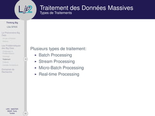 29
Thinking Big
Lilia SFAXI
Le Phénomène Big
Data
Un peu d’Histoire
Notions
Les Problématiques
des Big Data
Challenges &
Problématiques
Stockage
18Traitement
Collecte
Lambda Architecture
Domaines de
Recherche
LIP2 - MASTER
INSAT, Tunis
Tunisie
l
.p Traitement des Données Massives
Types de Traitements
Plusieurs types de traitement:
Batch Processing
Stream Processing
Micro-Batch Processing
Real-time Processing
 