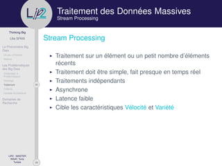 29
Thinking Big
Lilia SFAXI
Le Phénomène Big
Data
Un peu d’Histoire
Notions
Les Problématiques
des Big Data
Challenges &
Problématiques
Stockage
20Traitement
Collecte
Lambda Architecture
Domaines de
Recherche
LIP2 - MASTER
INSAT, Tunis
Tunisie
l
.p Traitement des Données Massives
Stream Processing
Stream Processing
Traitement sur un élément ou un petit nombre d’éléments
récents
Traitement doit être simple, fait presque en temps réel
Traitements indépendants
Asynchrone
Latence faible
Cible les caractéristiques Vélocité et Variété
 