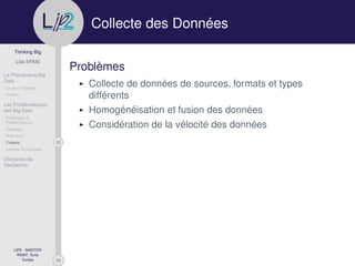 29
Thinking Big
Lilia SFAXI
Le Phénomène Big
Data
Un peu d’Histoire
Notions
Les Problématiques
des Big Data
Challenges &
Problématiques
Stockage
Traitement
22Collecte
Lambda Architecture
Domaines de
Recherche
LIP2 - MASTER
INSAT, Tunis
Tunisie
l
.p Collecte des Données
Problèmes
Collecte de données de sources, formats et types
différents
Homogénéisation et fusion des données
Considération de la vélocité des données
 