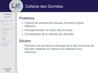 29
Thinking Big
Lilia SFAXI
Le Phénomène Big
Data
Un peu d’Histoire
Notions
Les Problématiques
des Big Data
Challenges &
Problématiques
Stockage
Traitement
22Collecte
Lambda Architecture
Domaines de
Recherche
LIP2 - MASTER
INSAT, Tunis
Tunisie
l
.p Collecte des Données
Problèmes
Collecte de données de sources, formats et types
différents
Homogénéisation et fusion des données
Considération de la vélocité des données
Solution
Extraction de données et stockage dans des structures de
données réparties en mémoire en attendant leur
traitement
 
