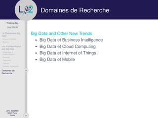 29
Thinking Big
Lilia SFAXI
Le Phénomène Big
Data
Un peu d’Histoire
Notions
Les Problématiques
des Big Data
Challenges &
Problématiques
Stockage
Traitement
Collecte
Lambda Architecture
28Domaines de
Recherche
LIP2 - MASTER
INSAT, Tunis
Tunisie
l
.p Domaines de Recherche
Big Data and Other New Trends
Big Data et Business Intelligence
Big Data et Cloud Computing
Big Data et Internet of Things
Big Data et Mobile
 