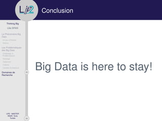29
Thinking Big
Lilia SFAXI
Le Phénomène Big
Data
Un peu d’Histoire
Notions
Les Problématiques
des Big Data
Challenges &
Problématiques
Stockage
Traitement
Collecte
Lambda Architecture
29Domaines de
Recherche
LIP2 - MASTER
INSAT, Tunis
Tunisie
l
.p Conclusion
Big Data is here to stay!
 
