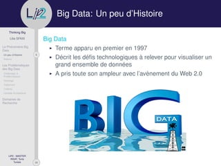 29
Thinking Big
Lilia SFAXI
Le Phénomène Big
Data
6Un peu d’Histoire
Notions
Les Problématiques
des Big Data
Challenges &
Problématiques
Stockage
Traitement
Collecte
Lambda Architecture
Domaines de
Recherche
LIP2 - MASTER
INSAT, Tunis
Tunisie
l
.p Big Data: Un peu d’Histoire
Big Data
Terme apparu en premier en 1997
Décrit les déﬁs technologiques à relever pour visualiser un
grand ensemble de données
A pris toute son ampleur avec l’avènement du Web 2.0
 