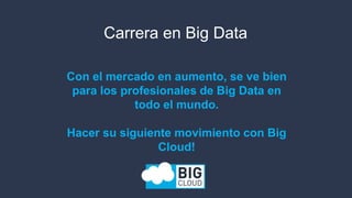 Con el mercado en aumento, se ve bien
para los profesionales de Big Data en
todo el mundo.
Hacer su siguiente movimiento con Big
Cloud!
Carrera en Big Data
 