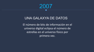 2007
El número de bits de información en el
universo digital eclipsa el número de
estrellas en el universo físico por
primera vez.
UNA GALAXYA DE DATOS
 