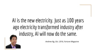AI is the new electricity. Just as 100 years
ago electricity transformed industry after
industry, AI will now do the same.
Andrew Ng, Oct. 2016, Fortune Magazine
 