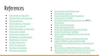 References
● Dan Ariely on big data
● DevOps Borat on big data
● Data explosion
● Daniel Yergin, The prize
● Data is the new oil
● IBM infographic on big data
● Data never sleeps
● Data never sleeps 4.0
● MapReduce Google paper
● MapReduce Tutorial
● Google Filesystem
● HDFS Architecture
● Big Data & Analytics
● Big Data ecosystem
● Automation and democracy
● Andrew Ng, Fortune
● Frank Rosenblatt, the Perceptron
● Introduction to ANN
● Universal approximation theorem and its
illustration
● Deep neural networks
● Deep learning tutorial
● Multi GPU deep learning from Nvidia
● Deep Visualization Toolbox
● How Google's AlphaGo beat a Go world
champion
● A Japanese farmer and deep learning
● Eugene Wigner, The Unreasonable
Effectiveness of Mathematics in the Natural
Sciences
● The Unreasonable Effectiveness of Data
● Jeremy Howard, The wonderful and terrifying
implications of computers that can learn
 