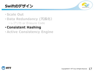 17Copyright©2017 NTT Corp. All Rights Reserved.
• Scale Out
• Data Redundancy (冗長化）
• レプリカ or Erasure Code
• Consistent Hashing
• Active Consistency Engine
Swiftのデザイン
 