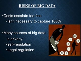 RISKS OF BIG DATA
• Costs escalate too fast
• Isn’t necessary to capture 100%
• Many sources of big data
is privacy
• self-regulation
• Legal regulation
21
 