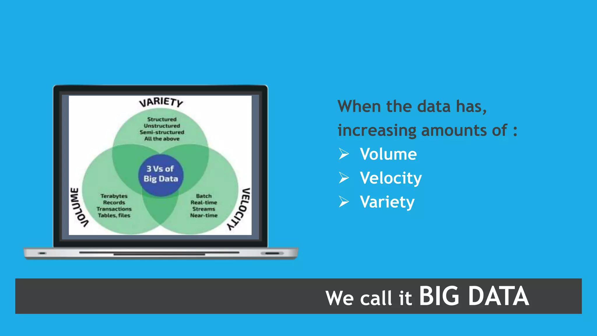 When the data has,
increasing amounts of :
 Volume
 Velocity
 Variety
We call it BIG DATA
 