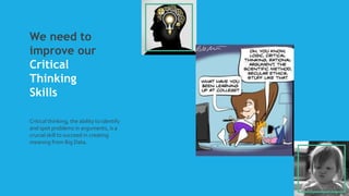 We need to
improve our
Critical
Thinking
Skills
Critical thinking, the ability to identify
and spot problems in arguments, is a
crucial skill to succeed in creating
meaning from Big Data.
 