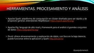 HERRAMIENTAS. PROCESAMIENTO Y ANÁLISIS
@juanjodomenech
• Apache Spark: plataforma de computación en clúster diseñado para ser rápido y de
propósito general, extendiendo MapReduce https://spark.apache.org/
• Apache Pig: lenguaje de alto nivel y framework para el análisis d grandes conjuntos
de datos https://pig.apache.org/
• Druid: ofrece almacenamiento y exploración de datos, con foco en la baja latencia,
puede funcionar entre la aplicación y Spark http://druid.io/
 