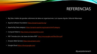 REFERENCIAS
@juanjodomenech
• Big Data. Análisis de grandes volúmenes de datos en organizaciones. Luis Joyanes Aguilar. Editorial Alfaomega.
• Apache Software Foundation https://projects.apache.org/
• Apache Big Data category: https://projects.apache.org/projects.html?category
• Compute Patterns http://www.computepatterns.com/
• PDF ”Introducción a las bases de datos RDF” http://renzoangles.net/files/libro.pdf
• Amazon Web Services https://aws.amazon.com/
• Google Cloud https://cloud.google.com/
 