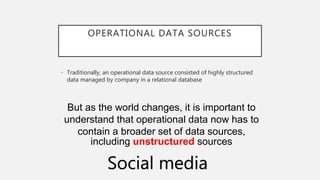 OPERATIONAL DATA SOURCES
• Traditionally, an operational data source consisted of highly structured
data managed by company in a relational database
But as the world changes, it is important to
understand that operational data now has to
contain a broader set of data sources,
including unstructured sources
Social media
 