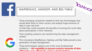 MAPREDUCE, HADOOP, AND BIG TABLE
• These emerging companies needed to find new technologies that
would allow them to store, access, and analyze huge amounts of
data in near real time
so that they could monetize the benefits of owning this much data
about participants in their networks.
• Their resulting solutions are transforming the data management
market.
• The innovations MapReduce, Hadoop, and Big Table proved a new
generation of data management.
• These technologies address one of the most fundamental
problems — the capability to process massive amounts of data
 