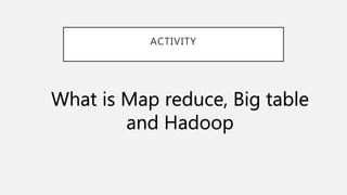 ACTIVITY
What is Map reduce, Big table
and Hadoop
 