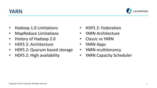 YARN
• Hadoop 1.0 Limitations
• MapReduce Limitations
• History of Hadoop 2.0
• HDFS 2: Architecture
• HDFS 2: Quorum base...