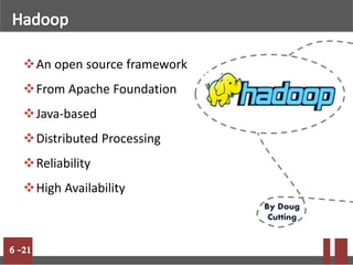 An open source framework
From Apache Foundation
Java-based
Distributed Processing
Reliability
High Availability
By Doug
Cutting
 