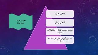 ‫هزینه‬ ‫کاهش‬
‫زمان‬ ‫کاهش‬
‫پیشنهادات‬ ‫و‬ ‫محصوالت‬ ‫توسعه‬
‫جدید‬
‫هوشمندانه‬ ‫های‬ ‫گیری‬ ‫تصمیم‬
‫تر‬
‫فواید‬ ‫و‬ ‫اهمیت‬
Big Data
 
