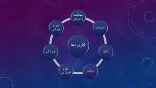 ‫کاربردها‬
‫بهداشت‬
‫درمان‬ ‫و‬
‫آموزش‬
‫تولید‬
‫دولت‬
‫علوم‬
‫اجتماعی‬
‫ورزش‬
‫خرده‬
‫فروشی‬
 