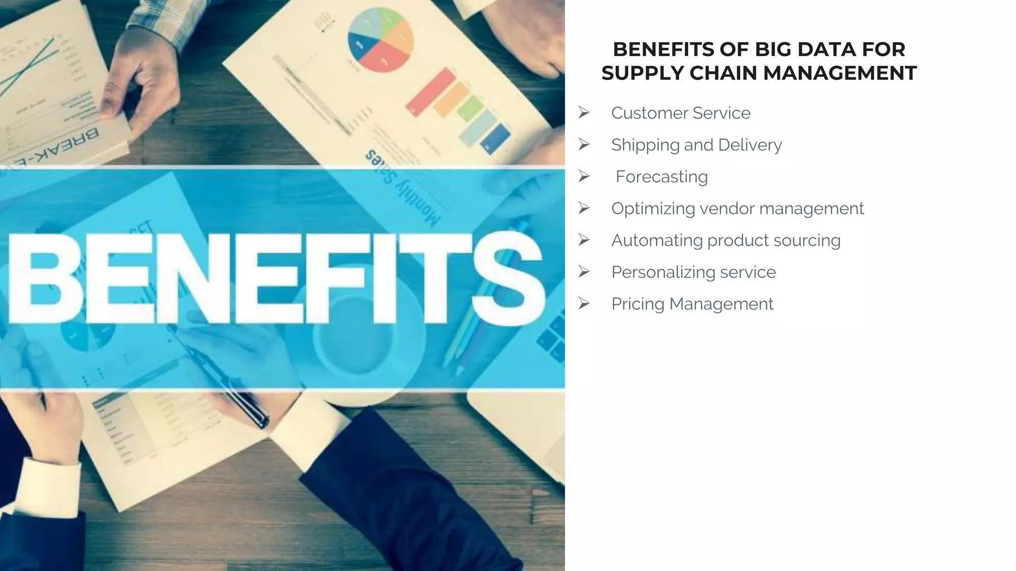 BENEFITS OF BIG DATA FOR
SUPPLY CHAIN MANAGEMENT
 Customer Service
 Shipping and Delivery
 Forecasting
 Optimizing vendor management
 Automating product sourcing
 Personalizing service
 Pricing Management
 