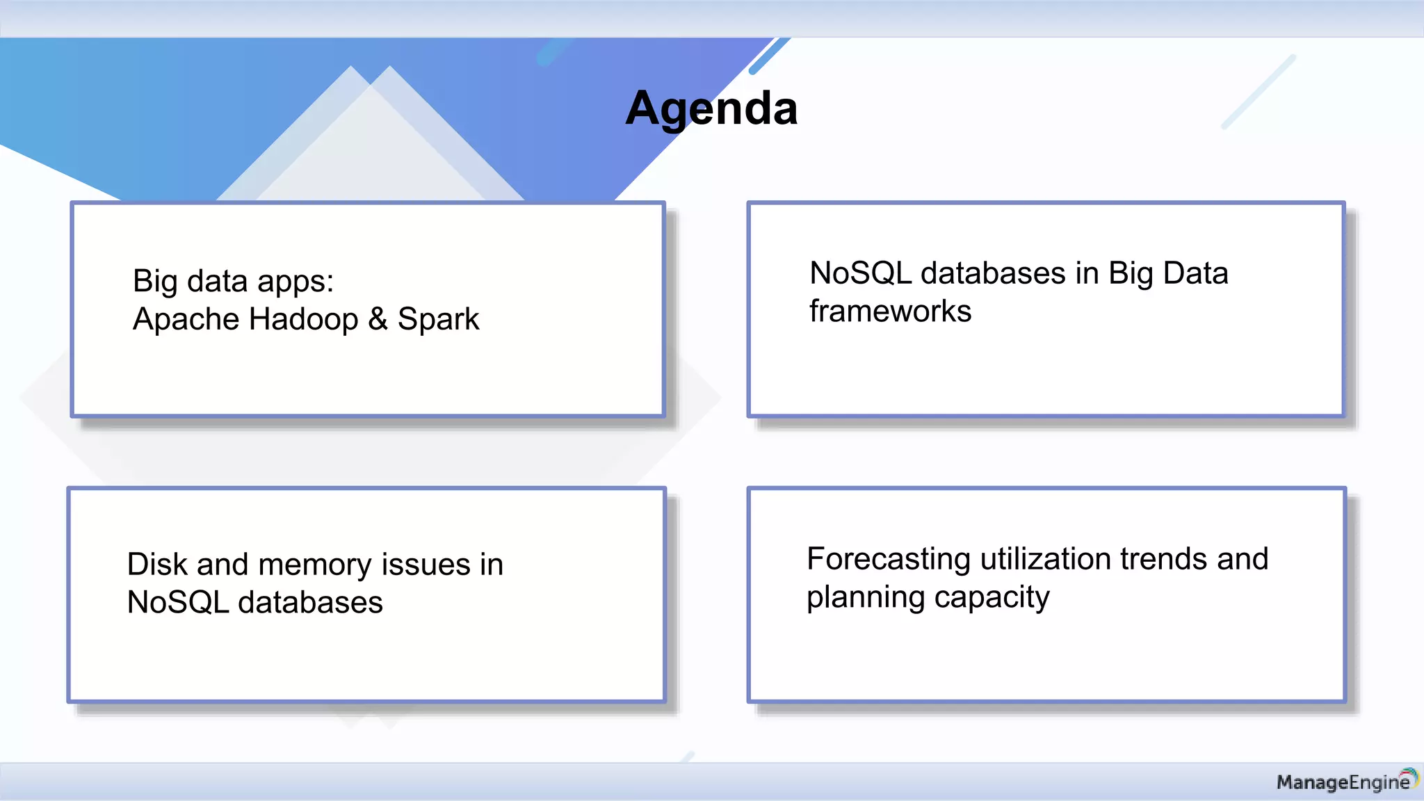Agenda
Big data apps:
Apache Hadoop & Spark
NoSQL databases in Big Data
frameworks
Disk and memory issues in
NoSQL databases
Forecasting utilization trends and
planning capacity
 