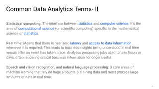 38
Common Data Analytics Terms- II
Statistical computing: The interface between statistics and computer science. It’s the
area of computational science (or scientific computing) specific to the mathematical
science of statistics.
Real time: Means that there is near zero latency and access to data information
whenever it is required. This leads to business insights being understood in real time
versus after an event has taken place. Analytics processing jobs used to take hours or
days, often rendering critical business information no longer useful.
Speech and vision recognition, and natural language processing: 3 core areas of
machine learning that rely on huge amounts of training data and must process large
amounts of data in real time.
 