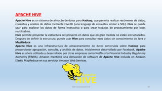 Apache Hive es un sistema de almacén de datos para Hadoop, que permite realizar resúmenes de datos,
consultas y análisis d...