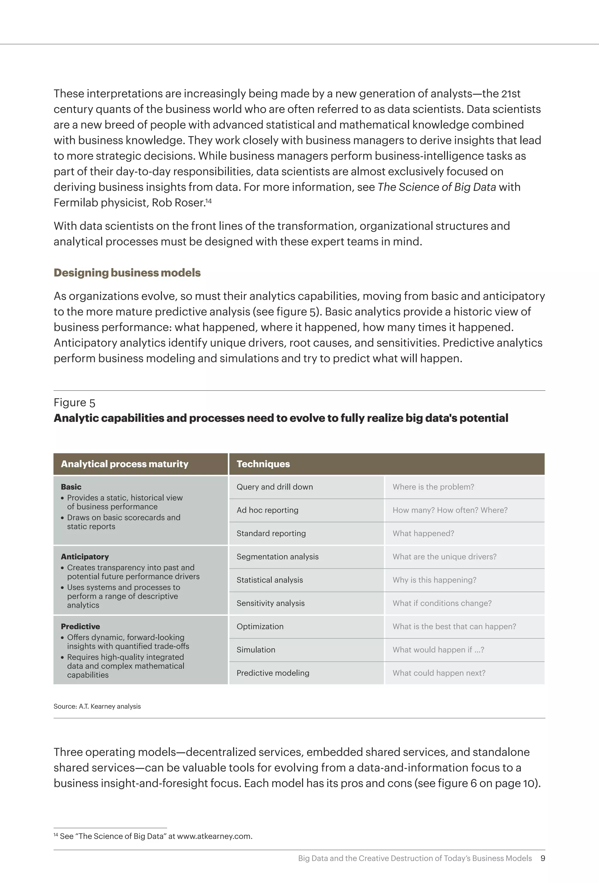 9Big Data and the Creative Destruction of Today’s Business Models
These interpretations are increasingly being made by a new generation of analysts—the 21st
century quants of the business world who are often referred to as data scientists. Data scientists
are a new breed of people with advanced statistical and mathematical knowledge combined
with business knowledge. They work closely with business managers to derive insights that lead
to more strategic decisions. While business managers perform business-intelligence tasks as
part of their day-to-day responsibilities, data scientists are almost exclusively focused on
deriving business insights from data. For more information, see The Science of Big Data with
Fermilab physicist, Rob Roser.14
With data scientists on the front lines of the transformation, organizational structures and
analytical processes must be designed with these expert teams in mind.
Designing business models
As organizations evolve, so must their analytics capabilities, moving from basic and anticipatory
to the more mature predictive analysis (see figure 5). Basic analytics provide a historic view of
business performance: what happened, where it happened, how many times it happened.
Anticipatory analytics identify unique drivers, root causes, and sensitivities. Predictive analytics
perform business modeling and simulations and try to predict what will happen.
Three operating models—decentralized services, embedded shared services, and standalone
shared services—can be valuable tools for evolving from a data-and-information focus to a
business insight-and-foresight focus. Each model has its pros and cons (see figure 6 on page 10).
Figure 5
Analytic capabilities and processes need to evolve to fully realize big data's potential
Source: A.T. Kearney analysis
Analytical process maturity
Basic
• Provides a static, historical view
of business performance
• Draws on basic scorecards and
static reports
Techniques
Query and drill down Where is the problem?
Ad hoc reporting How many? How often? Where?
Standard reporting What happened?
Predictive
• Offers dynamic, forward-looking
insights with quantified trade-offs
• Requires high-quality integrated
data and complex mathematical
capabilities
Optimization What is the best that can happen?
Simulation What would happen if …?
Predictive modeling What could happen next?
Anticipatory
• Creates transparency into past and
potential future performance drivers
• Uses systems and processes to
perform a range of descriptive
analytics
Segmentation analysis What are the unique drivers?
Statistical analysis Why is this happening?
Sensitivity analysis What if conditions change?
14	
See “The Science of Big Data” at www.atkearney.com.
 