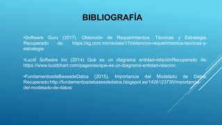 BIBLIOGRAFÍA
•Software Guru (2017). Obtención de Requerimientos. Técnicas y Estrategia.
Recuperado de: https://sg.com.mx/revista/17/obtencion-requerimientos-tecnicas-y-
estrategia
•Lucid Software Inc (2014) Qué es un diagrama entidad-relaciónRecuperado de:
https://www.lucidchart.com/pages/es/que-es-un-diagrama-entidad-relacion
•FundamentosdeBasesdeDatos (2015). Importancia del Modelado de Datos.
Recuperado:http://fundamentosdebasesdedatos.blogspot.es/1426123730/importancia-
del-modelado-de-datos/
 