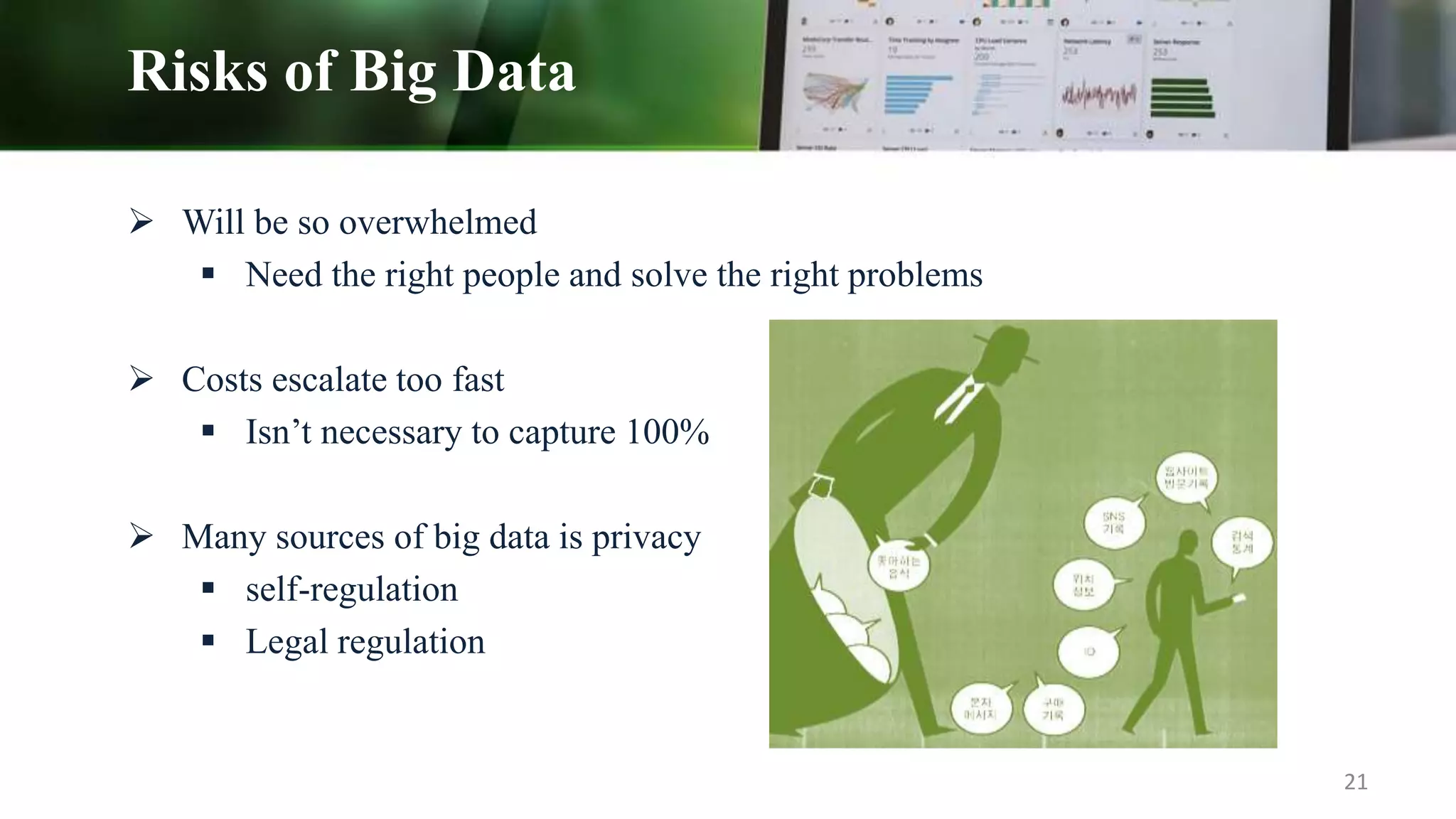 Risks of Big Data
 Will be so overwhelmed
 Need the right people and solve the right problems
 Costs escalate too fast
 Isn’t necessary to capture 100%
 Many sources of big data is privacy
 self-regulation
 Legal regulation
21
 
