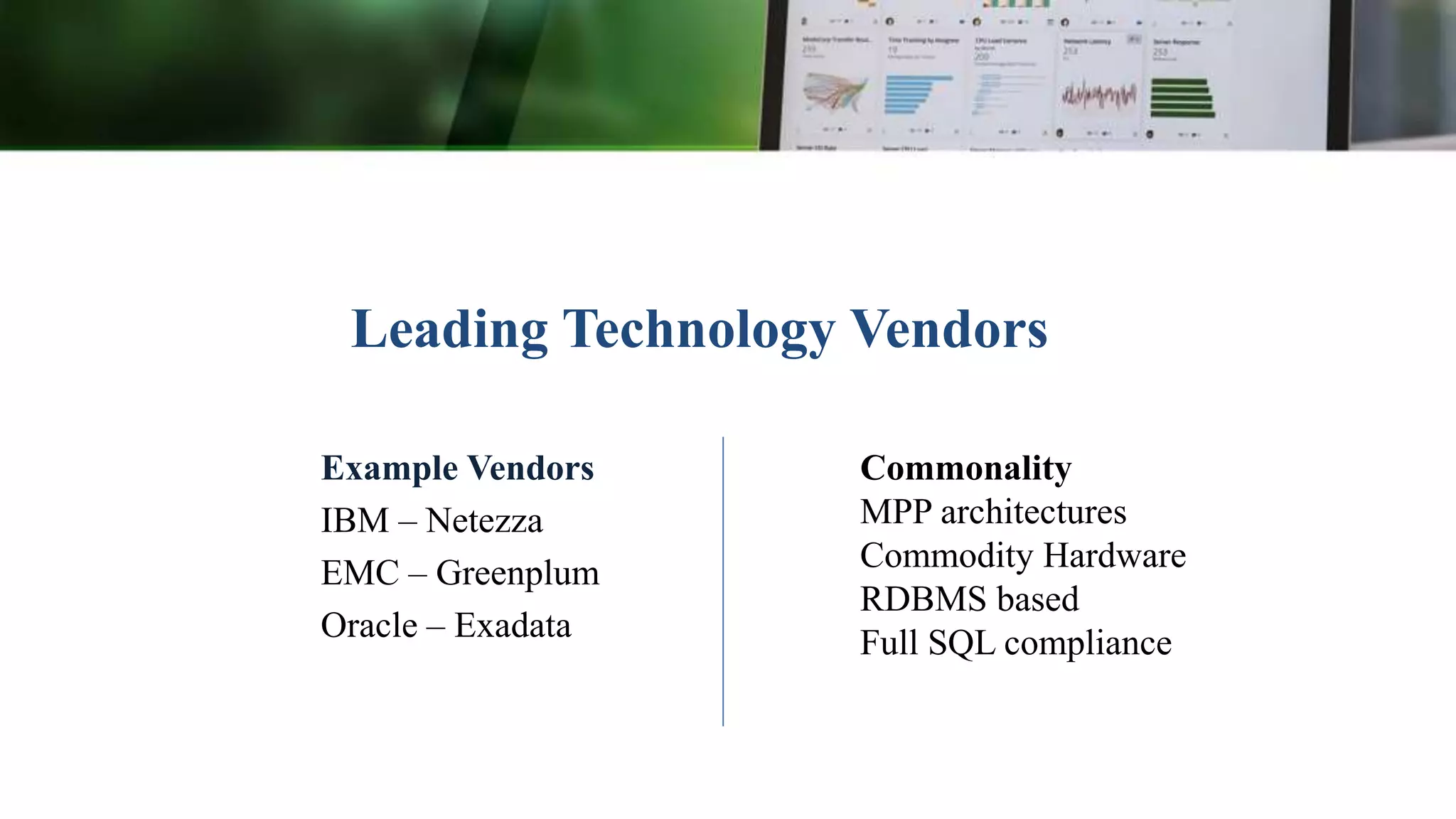 Leading Technology Vendors
Example Vendors
IBM – Netezza
EMC – Greenplum
Oracle – Exadata
Commonality
MPP architectures
Commodity Hardware
RDBMS based
Full SQL compliance
 