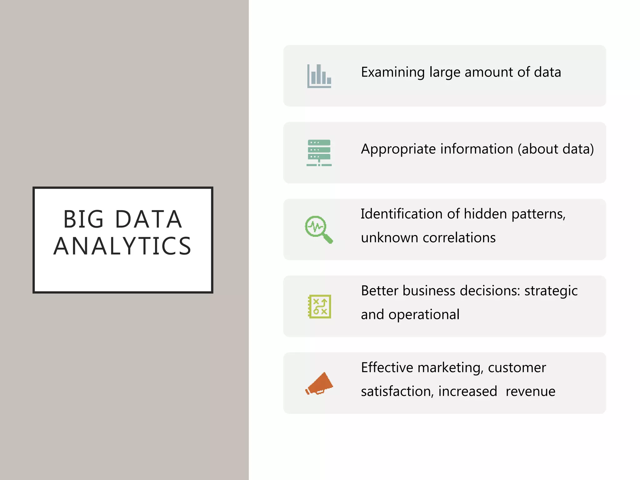 BIG DATA
ANALYTICS
Examining large amount of data
Appropriate information (about data)
Identification of hidden patterns,
unknown correlations
Better business decisions: strategic
and operational
Effective marketing, customer
satisfaction, increased revenue
 