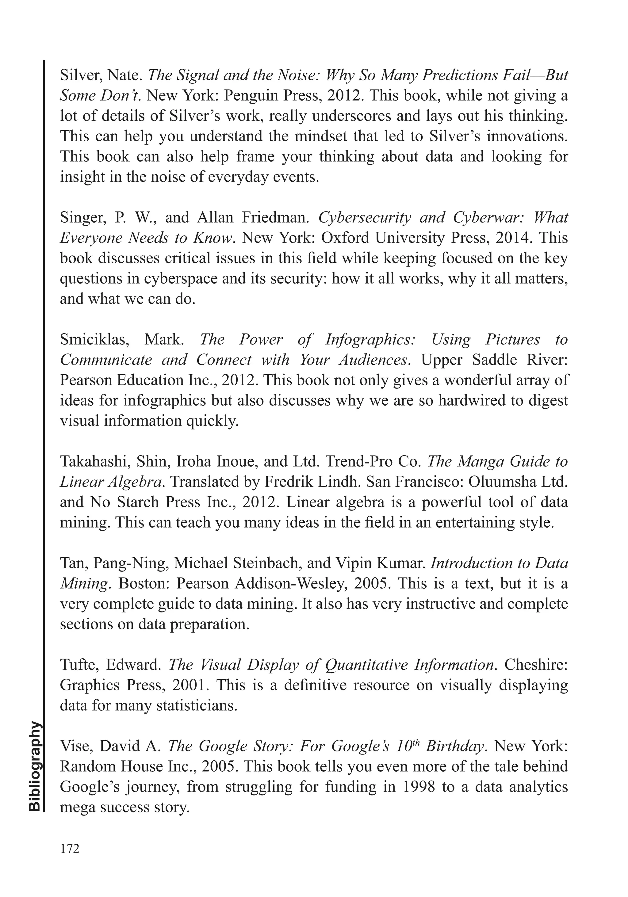 172
Bibliography
Silver, Nate.
Some Don’t. New York: Penguin Press, 2012. This book, while not giving a
lot of details of Silver’s work, really underscores and lays out his thinking.
This can help you understand the mindset that led to Silver’s innovations.
This book can also help frame your thinking about data and looking for
insight in the noise of everyday events.
Singer, P. W., and Allan Friedman. Cybersecurity and Cyberwar: What
Everyone Needs to Know. New York: Oxford University Press, 2014. This
and what we can do.
Smiciklas, Mark. The Power of Infographics: Using Pictures to
Communicate and Connect with Your Audiences. Upper Saddle River:
Pearson Education Inc., 2012. This book not only gives a wonderful array of
ideas for infographics but also discusses why we are so hardwired to digest
Takahashi, Shin, Iroha Inoue, and Ltd. Trend-Pro Co. The Manga Guide to
Linear Algebra. Translated by Fredrik Lindh. San Francisco: Oluumsha Ltd.
and No Starch Press Inc., 2012. Linear algebra is a powerful tool of data
Tan, Pang-Ning, Michael Steinbach, and Vipin Kumar. Introduction to Data
Mining. Boston: Pearson Addison-Wesley, 2005. This is a text, but it is a
very complete guide to data mining. It also has very instructive and complete
sections on data preparation.
Tufte, Edward. The Visual Display of Quantitative Information. Cheshire:
data for many statisticians.
Vise, David A. The Google Story: For Google’s 10th
Birthday. New York:
Random House Inc., 2005. This book tells you even more of the tale behind
Google’s journey, from struggling for funding in 1998 to a data analytics
mega success story.
 