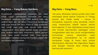 Big Data — Yang Bukan Hal Baru
Pendekatan mendapatkan wawasan dari data
untuk tujuan pemasaran bukanlah hal baru.
Pemasaran database atau CRM analitis telah ada
selama lebih dari 20 tahun. Fenomena banyaknya
data juga bukan hal baru: Point of sale, customer
dan credit card atau web server telah lama
menghasilkan data dalam jumlah besar. Demikian
pula, analisis data tidak terstruktur dalam bentuk
email, teks gratis formulir web, atau survei
pelanggan, misalnya, sering kali menjadi bagian dari
pemasaran dan penelitian.
Big Data — Yang Baru
Tak perlu dikatakan bahwa jumlah data telah
meningkat pesat berkat Internet of Things,
ponsel, dan media sosial — namun ini
merupakan argumen yang bertahap. Faktor
yang menentukan adalah bahwa berkat
kemungkinan TI dan digitalisasi proses bisnis,
titik kontak berorientasi pelanggan untuk
menghasilkan data dan untuk mengendalikan
komunikasi secara sistematis telah
meningkat. Ditambahkan ke ini adalah
kecepatan tinggi di mana data terkait
dikumpulkan, diproses dan digunakan. Begitu
pula dengan metode data mining deep
learning dan semantic
 