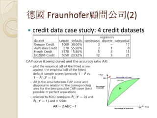 德國 Fraunhofer顧問公司(2)
 credit data case study: 4 credit datasets
 