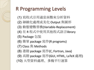 R Programming Levels
(1) 寫程式引用適當函數來分析資料
(2) 細緻化處理或美化 Output 與圖形
(3) 動態變數替換(Variable-Replacement)
(4) 在 R 程式中使用其他程式語言library
(5) Package 包裝
(6) 簡單 package 寫作(R programs)
(7) Class 與 Methods
(8) 進階 package 寫作(C, Fortran, Java)
(9) 高階 package 寫作(GUI, HTML, LaTeX 處理)
(10) 大型資料處理、多機平行運算
 