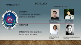 Big Data
Grupo 2
Carvajal Mendez Silvia
Cesary Añez Luis Enrique
Vargas Villareal Berthy
Paniagua Alarcón Xavier Marcelo
 