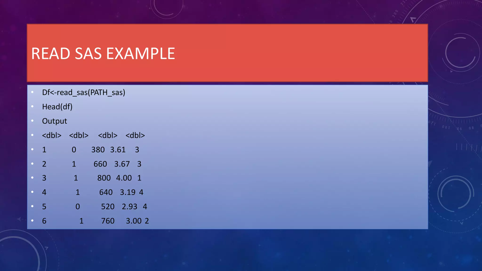 READ SAS EXAMPLE
• Df<-read_sas(PATH_sas)
• Head(df)
• Output
• <dbl> <dbl> <dbl> <dbl>
• 1 0 380 3.61 3
• 2 1 660 3.67 3
• 3 1 800 4.00 1
• 4 1 640 3.19 4
• 5 0 520 2.93 4
• 6 1 760 3.00 2
 
