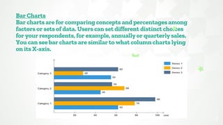 Bar Charts
Bar charts are for comparing concepts and percentages among
factors or sets of data. Users can set different distinct choices
for your respondents, for example, annually or quarterly sales.
You can see bar charts are similar to what column charts lying
on its X-axis.
7
 