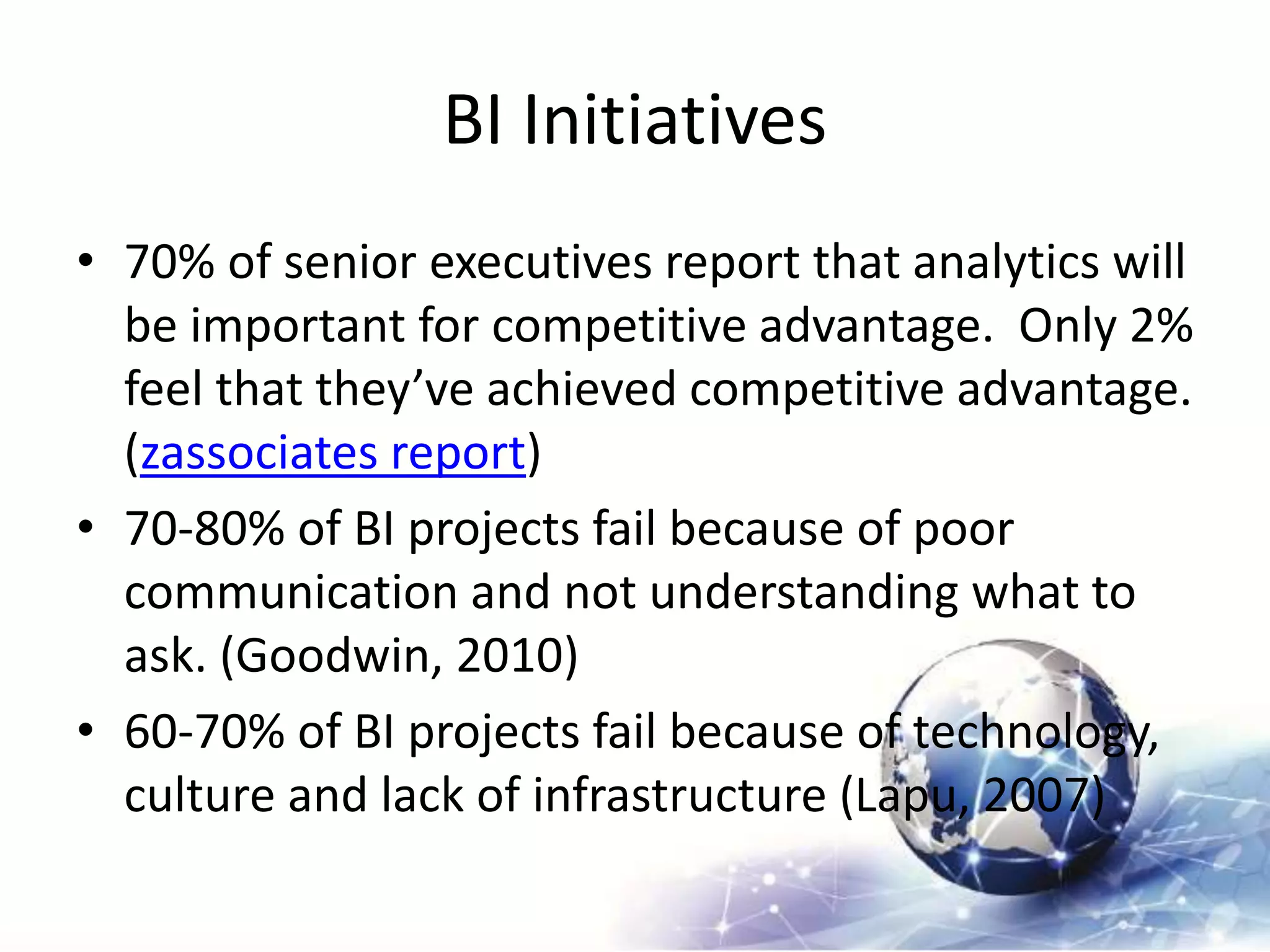 BI Initiatives
• 70% of senior executives report that analytics will
be important for competitive advantage. Only 2%
feel that they’ve achieved competitive advantage.
(zassociates report)
• 70-80% of BI projects fail because of poor
communication and not understanding what to
ask. (Goodwin, 2010)
• 60-70% of BI projects fail because of technology,
culture and lack of infrastructure (Lapu, 2007)
 