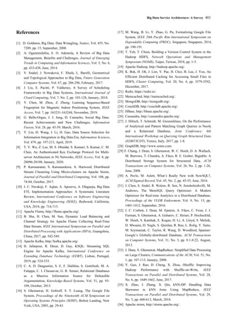 Big Data Service Architecture: A Survey 401
References
[1] D. Goldston, Big Data: Data Wrangling, Nature, Vol. 455, No.
7209, pp. 15, September, 2008.
[2] A. Oguntimilehin, E. O. Ademola, A Review of Big Data
Management, Benefits and Challenges, Journal of Emerging
Trends in Computing and Information Sciences, Vol. 5, No. 6,
pp. 433-438, June, 2014.
[3] V. Snášel, J. Nowaková, F. Xhafa, L. Barolli, Geometrical
and Topological Approaches to Big Data, Future Generation
Computer Systems, Vol. 67, pp. 286-296, February, 2017.
[4] J. Liu, E. Pacitti, P. Valduriez, A Survey of Scheduling
Frameworks in Big Data Systems, International Journal of
Cloud Computing, Vol. 7, No. 2, pp. 103-128, January, 2018.
[5] Y. Chen, M. Zhou, Z. Zheng, Learning Sequence-Based
Fingerprint for Magnetic Indoor Positioning System, IEEE
Access, Vol. 7, pp. 163231-163244, November, 2019.
[6] G. Bello-Orgaz, J. J. Jung, D. Camacho, Social Big Data:
Recent Achievements and New Challenges, Information
Fusion, Vol. 28, pp. 45-59, March, 2016.
[7] Y. Lin, H. Wang, J. Li, H. Gao, Data Source Selection for
Information Integration in Big Data Era, Information Sciences,
Vol. 479, pp. 197-213, April, 2019.
[8] T. Y. Wu, Z. Lee, M. S. Obaidat, S. Kumari, S. Kumar, C. M.
Chen, An Authenticated Key Exchange Protocol for Multi-
server Architecture in 5G Networks, IEEE Access, Vol. 8, pp.
28096-28108, January, 2020.
[9] P. Karunaratne, S. Karunasekera, A. Harwood, Distributed
Stream Clustering Using Micro-clusters on Apache Storm,
Journal of Parallel and Distributed Computing, Vol. 108, pp.
74-84, October, 2017.
[10] J. C. Nwokeji, F. Aqlan, A. Apoorva, A. Olagunju, Big Data
ETL Implementation Approaches: A Systematic Literature
Review, International Conference on Software Engineering
and Knowledge Engineering (SEKE), Redwood, California,
USA, 2018, pp. 714-715.
[11] Apache Flume, http://flume.apache.org/.
[12] B. Shu, H. Chen, M. Sun, Dynamic Load Balancing and
Channel Strategy for Apache Flume Collecting Real-Time
Data Stream, IEEE International Symposium on Parallel and
Distributed Processing with Applications (ISPA), Guangzhou,
China, 2017, pp. 542-549.
[13] Apache Kafka, http://kafka.apache.org/.
[14] H. Jafarpour, R. Desai, D. Guy, KSQL: Streaming SQL
Engine for Apache Kafka, International Conference on
Extending Database Technology (EDBT), Lisbon, Portugal,
2019, pp. 524-533.
[15] C. A. D. Deagustini, S. E. F. Dalibón, S. Gottifredi, M. A.
Falappa, C. I. Chesnevar, G. R. Simari, Relational Databases
as a Massive Information Source for Defeasible
Argumentation, Knowledge-Based Systems, Vol. 51, pp. 93-
109, October, 2013.
[16] S. Ghemawat, H. Gobioff, S. T. Leung, The Google File
System, Proceedings of the Nineteenth ACM Symposium on
Operating Systems Principles (SOSP), Bolton Landing, New
York, USA, 2003, pp. 29-43.
[17] M. Wang, B. Li, Y. Zhao, G. Pu, Formalizing Google File
System, IEEE 20th Pacific Rim International Symposium on
Dependable Computing (PRDC), Singapore, Singapore, 2014,
pp. 190-191.
[18] T. Yeh, T. Chien, Building a Version Control System in the
Hadoop HDFS, Network Operations and Management
Symposium (NOMS), Taipei, Taiwan, 2018, pp. 1-5.
[19] Apache Hadoop, http://hadoop.apache.org/.
[20] K. Bok, H. Oh, J. Lim, Y. Pae, H. Choi, B. Lee, J. Yoo, An
Efficient Distributed Caching for Accessing Small Files in
HDFS, Cluster Computing, Vol. 20, No. 4, pp. 3579-3592,
December, 2017.
[21] Redis, https://redis.io/.
[22] Memcached, http://memcached.org/.
[23] MongoDB, http://mongodb.org/.
[24] CouchDB, http://couchdb.apache.org/.
[25] HBase, http://hbase.apache.org/.
[26] Cassandra, http://cassandra.apache.org/.
[27] J. Hölsch, T. Schmidt, M. Grossniklaus, On the Performance
of Analytical and Pattern Matching Graph Queries in Neo4j
and a Relational Database, Joint Conference: 6th
International Workshop on Querying Graph Structured Data
(EDBT/ICDT), Venice, Italy, 2017, pp. 1-8.
[28] GraphDB, http://www.sones.com.
[29] F. Chang, J. Dean, S. Ghemawat, W. C. Hsieh, D. A. Wallach,
M. Burrows, T. Chandra, A. Fikes, R. E. Gruber, Bigtable: A
Distributed Storage System for Structured Data, ACM
Transactions on Computer Systems, Vol. 26, No. 2, pp. 1-26,
June, 2008.
[30] A. Pavlo, M. Aslett, What’s Really New with NewSQL?,
ACM Sigmod Record, Vol. 45, No. 2, pp. 45-55, June, 2016.
[31] J. Chen, S. Jindel, R. Walzer, R. Sen, N. Jimsheleishvilli, M.
Andrews, The MemSQL Query Optimizer: A Modern
Optimizer for Real-time Analytics in a Distributed Database,
Proceedings of the VLDB Endowment, Vol. 9, No. 13, pp.
1401-1412, September, 2016.
[32] J. C. Corbett, J. Dean, M. Epstein, A. Fikes, C. Frost, J. J.
Furman, S. Ghemawat, A. Gubarev, C. Heiser, P. Hochschild,
W. Hsieh, S. Kanthak, E. Kogan, H. Li, A. Lloyd, S. Melnik,
D. Mwaura, D. Nagle, S. Quinlan, R. Rao, L. Rolig, Y. Saito,
M. Szymaniak, C. Taylor, R. Wang, D. Woodford, Spanner:
Google’s Globally-distributed Database, ACM Transactions
on Computer Systems, Vol. 31, No. 3, pp. 8:1-8:22, August,
2013.
[33] J. Dean, S. Ghemawat, MapReduce: Simplified Data Processing
on Large Clusters, Communications of the ACM, Vol. 51, No.
1, pp. 107-113, January, 2008.
[34] Y. Guo, J. Rao, D. Cheng, X. Zhou, iShuffle: Improving
Hadoop Performance with Shuffle-on-Write, IEEE
Transactions on Parallel and Distributed Systems, Vol. 28,
No. 6, pp. 1649-1662, June, 2017.
[35] X. Zhao, J. Zhang, X. Qin, kNN-DP: Handling Data
Skewness in kNN Joins Using MapReduce, IEEE
Transactions on Parallel and Distributed Systems, Vol. 29,
No. 3, pp. 600-613, March, 2018.
[36] Apache storm, http://storm.apache.org/.
 